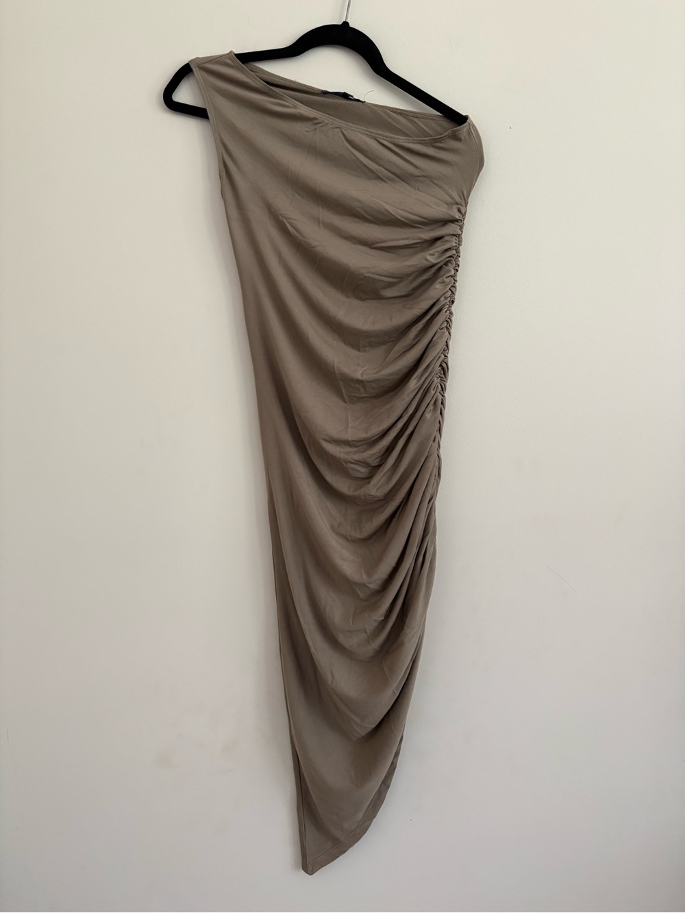 Ruched One-Shoulder Asymmetric Bodycon Dress in Taupe